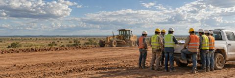 Equipo de obra revisando planos junto a una camioneta