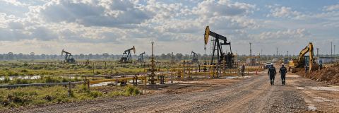 Macolla petrolera con balancines en campo