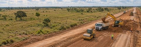 Frente de obra vial con excavadora, camión y rodillo