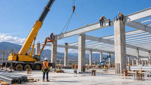 Construcción de obra civil industrial con estructura metálica y concreto