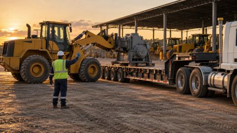Carga de equipo pesado en lowboy dentro del patio operacional